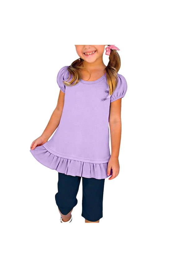 Girls Cotton Tops Puff Sleeve Ruffle Hem Crew Neck T-Shirts Solid Color Spring Summer Breathable Pullover Tees for 1-15Y