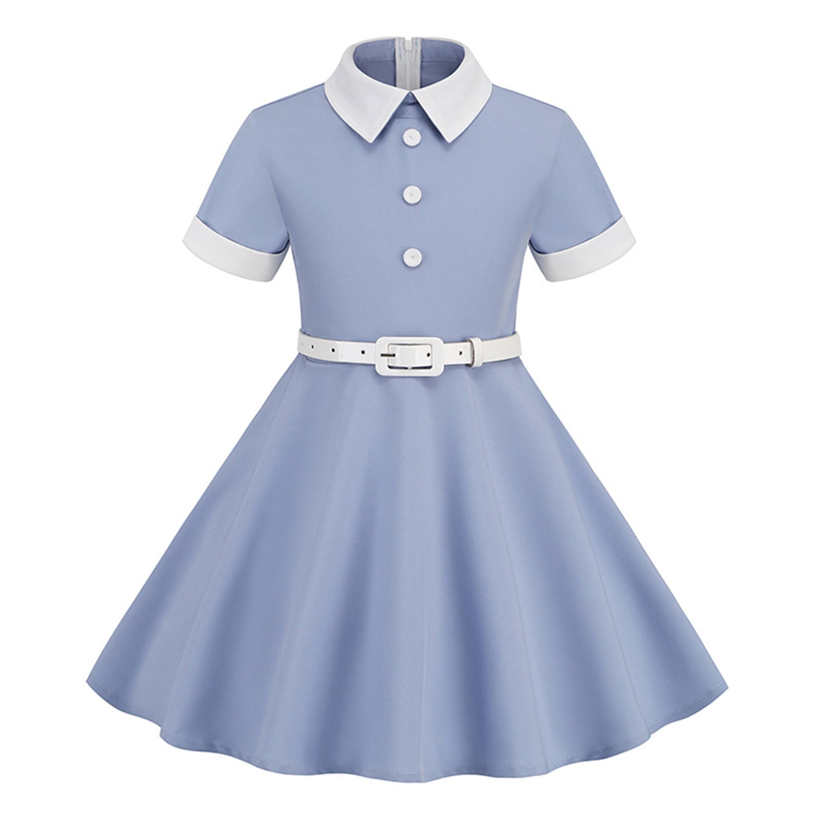 ShomPort Girls Lapel Button Vintage Dress Cotton Elegant Short Sleeve Party Dresses with Belt Walmart