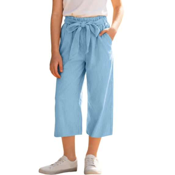 ShomPort Girls Loose Cropped Pants Cotton Linen Bow Elastic Waist Capris Pockets Cute Summer Pants 4-14 Years