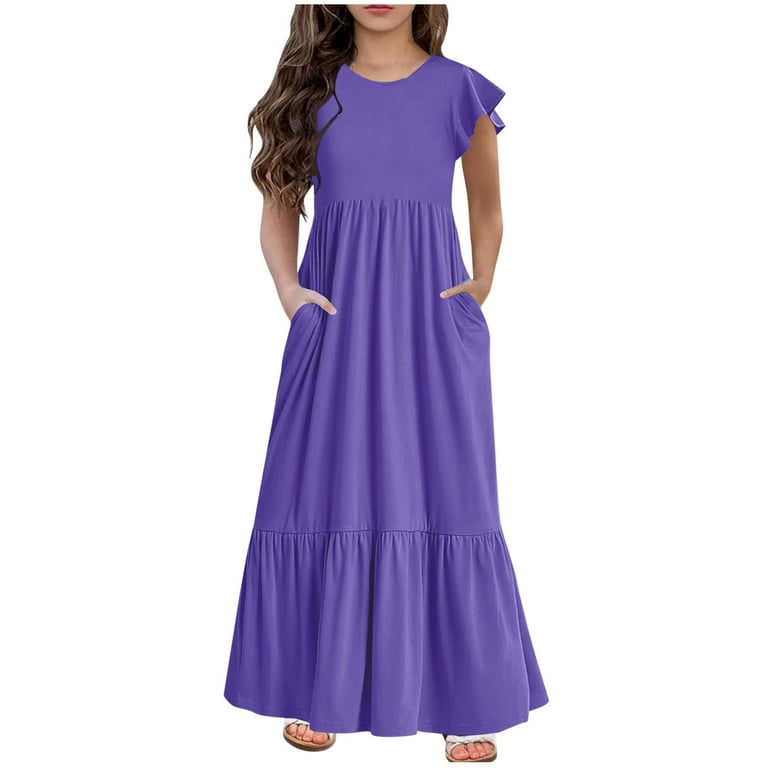 ShomPort Girls Maxi Dress Summer Casual Ruffle Sleeve Round Neck Flowing Vacation Beach Dress with Pockets - Walmart.com ShomPort Girls Maxi Dress Summer Casual Ruffle Sleeve Round Neck Flowing Vacation Beach Dress with Pockets - Walmart.com