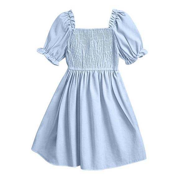 ShomPort Girls Skirt Short Lantern Sleeve Square Neck Smocked Ruffle Cotton Boho Midi Dress Casual Trendy Kids Clothes