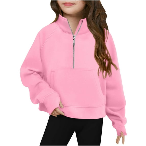 ShomPort Girls Solid Color Sweatshirts Quarter Zipper Cotton Pullover Tops With Pocket Kids Fall Clothes Thumb Hole