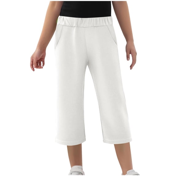 ShomPort Girls Summer Capri Pants Solid Color Basic Elastic Waist Daily Loose Capris with Pockets 4-14 Years