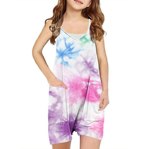 ShomPort Girls Summer Jumpsuits Fashion Tie-Dye Printed Spaghetti Strap Sleeveless Loose Rompers with Pockets