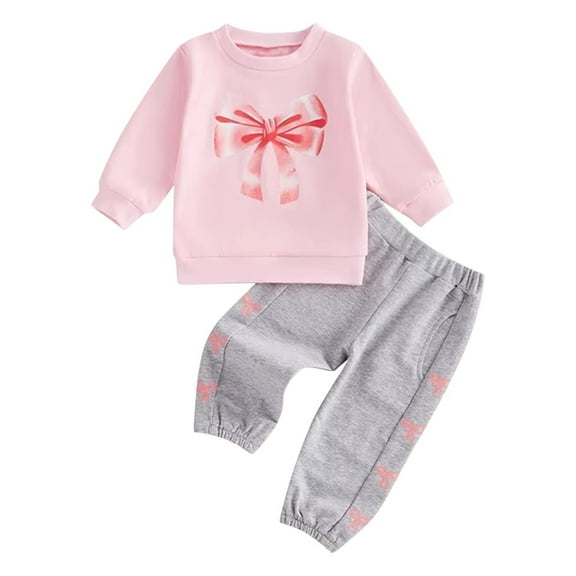 ShomPort Girls Sweatsuit Bow Print Long Sleeve Sweatshirt Jogger Pants Baby Girl Outfits Set