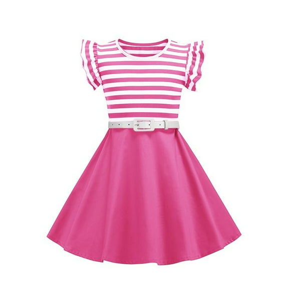 ShomPort Girls Vintage Striped Dress Summer Cotton Ruffle Sleeve Flowy A-Line Dress with Belt 3-8 Years