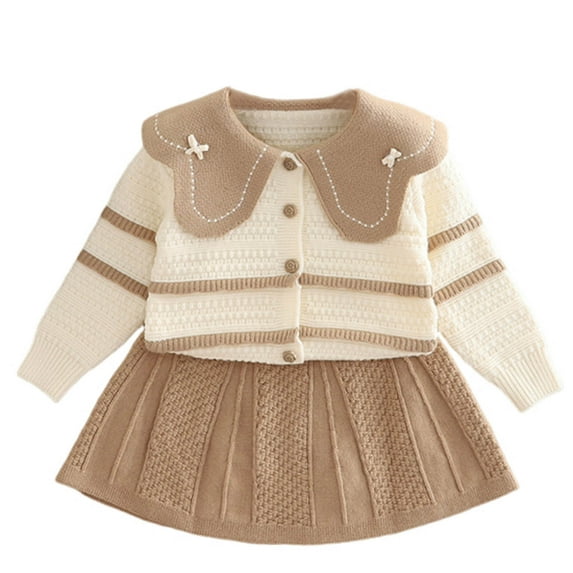 ShomPort Girls Winter Outfits Lapel Long Sleeve Button Up Textured Cardigan Sweaters Pleated Solid Color Skirts Cute Cozy 2PC Set