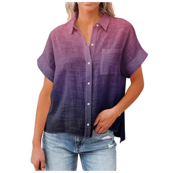 ShomPort Gradient Cap Sleeve Tops for Women Summer Turndown Collar Short Sleeve Blouses Button Loose Shirts