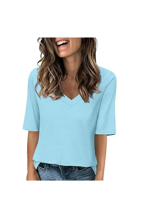 Half Sleeve T-Shirts for Women Summer Casual V Neck Tops Solid Color Basic Blouses