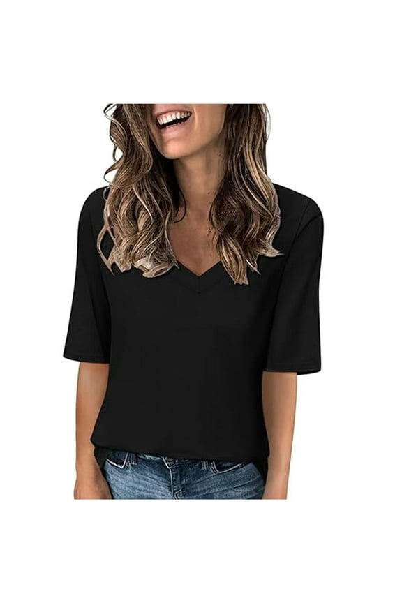 Half Sleeve T-Shirts for Women Summer Casual V Neck Tops Solid Color Basic Blouses