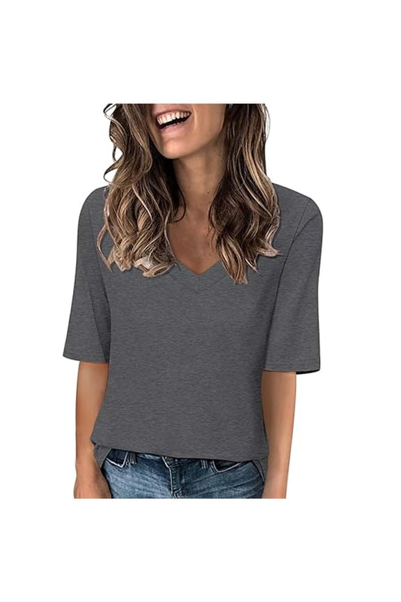 Half Sleeve T-Shirts for Women Summer Casual V Neck Tops Solid Color Basic Blouses