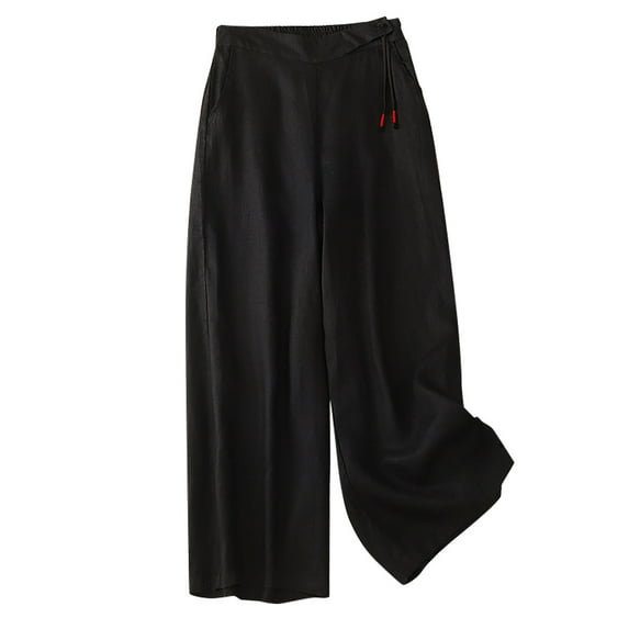 ShomPort High Waist Cotton Linen Wide Leg Pants for Women Summer Vintage Elastic Waist Palazzo Pants with Pockets