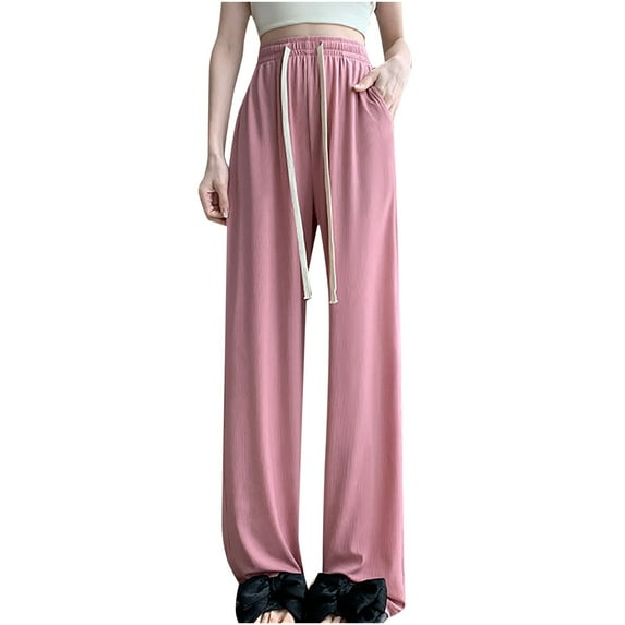 ShomPort High Waist Wide Leg Pants for Women Summer Baggy Drawstring Elastic Waist Split Casual Pants