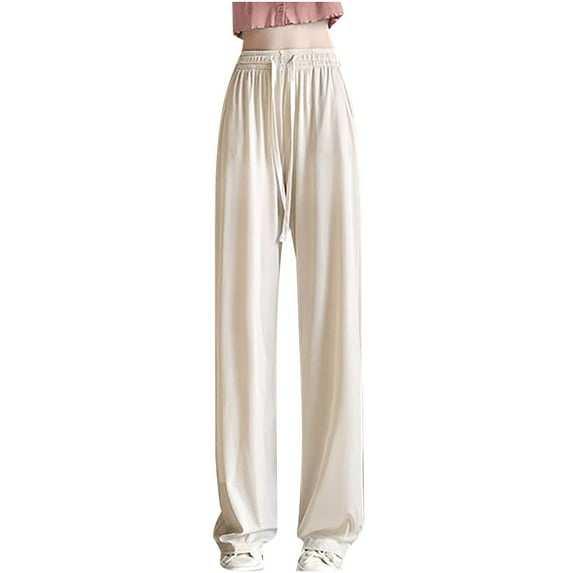 ShomPort High Waist Wide Leg Pants for Women Summer Baggy Drawstring Elastic Waist Split Casual Pants