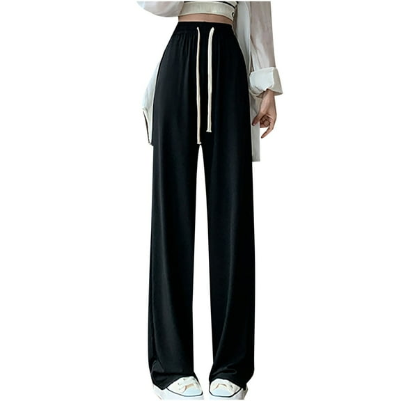 ShomPort High Waist Wide Leg Pants for Women Summer Baggy Drawstring Elastic Waist Split Casual Pants