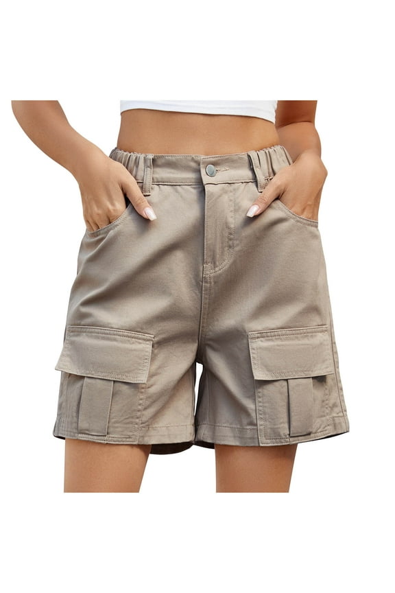 High Waiste Denim Shorts for Women Summer Casual Elastic Waist Button Down Cargo Shorts with Pockets