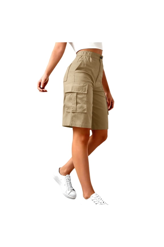 High Waisted Shorts for Women Summer Casual Elastic Waist Button Down Cargo Shorts with Pockets