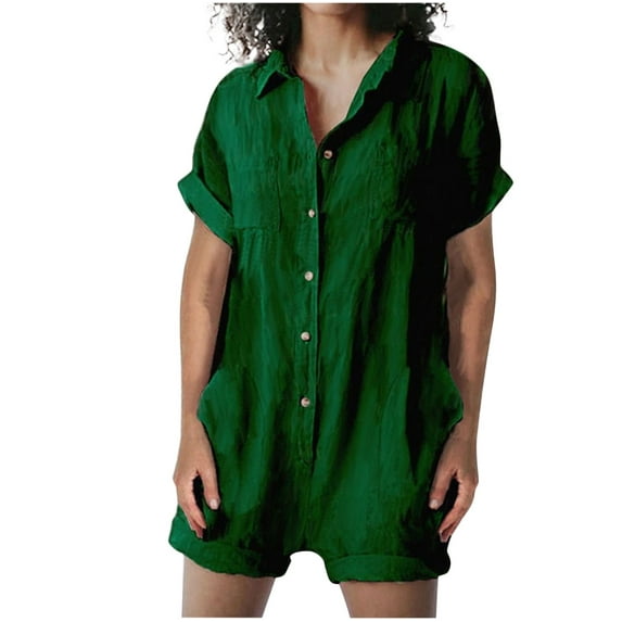 ShomPort Jumpsuits for Women Cotton Linen Button down Collared Loose Overalls Short Sleeve Wide Leg One Piece Rompers (Large, Green)