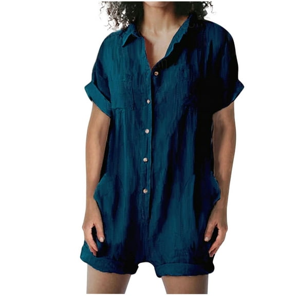 ShomPort Jumpsuits for Women Cotton Linen Button down Collared Loose Overalls Short Sleeve Wide Leg One Piece Rompers (X-Large, Navy)