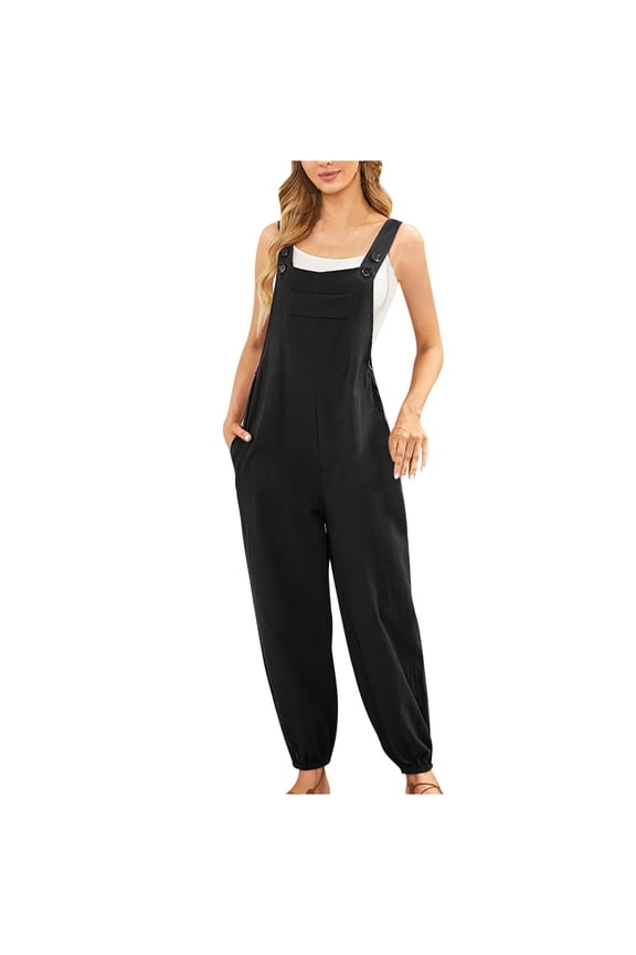 Jumpsuits for Women Summer Casual Cotton Linen Sleeveless Rompers Loose Comfy One Piece Jumpsuits (Small, Black)