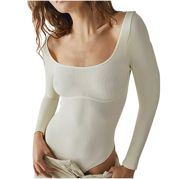 ShomPort Jumpsuits for Women Yoga Long Sleeve Square-Neck Ribbed Workout Sport Slimming Jumpsuit