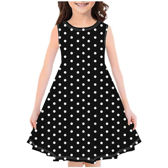 ShomPort Kids Girls Vintage Polka Dot Dress Sleeveless Round Neck A-Line Midi Dress 4-14 Years