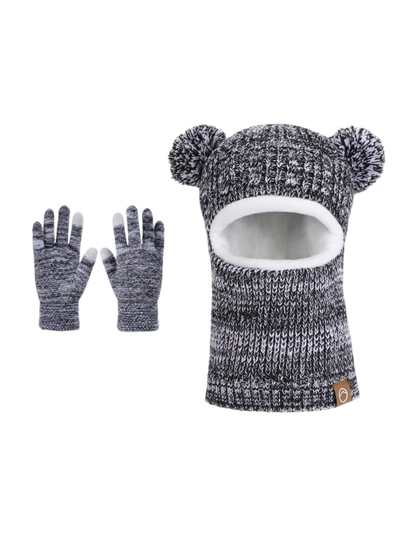 Kids Hat Gloves Set 2 in 1 Thicken Knit Neck Warmer Beanie Hat and Mittens for Girls Boys 4-10 Years