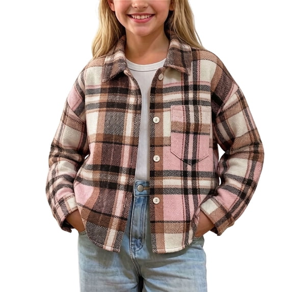 ShomPort Kids Little Boys Girls Plaid Shacket Flannel Long Sleeve Button Down Shirt Fall Winter Outwear 1-12 Years