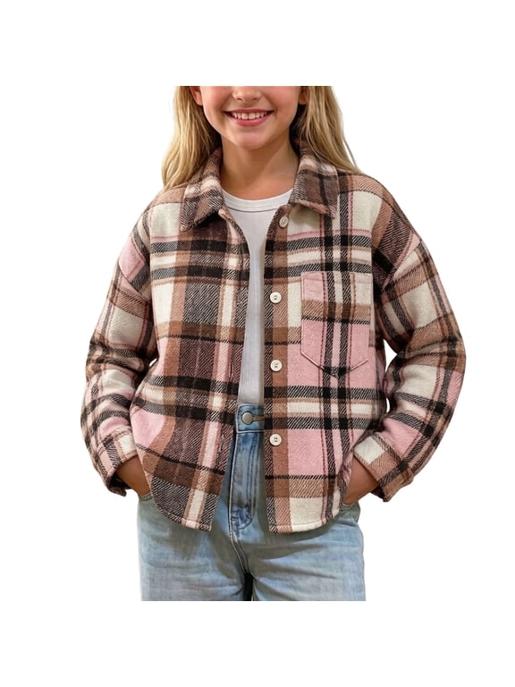 Kids Little Boys Girls Plaid Shacket Flannel Long Sleeve Button Down Shirt Fall Winter Outwear 1-12 Years
