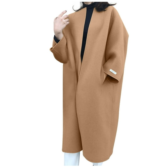 ShomPort Knee-Length Cardigans for Women Collarless Open Front Long Sleeve Overcoat Casual Outwear with Pockets
