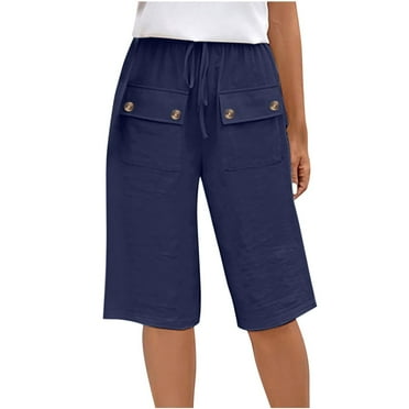 ShomPort Knee Length Shorts for Women Breathable Cotton Linen Shorts Elastic Waist Straight Shorts