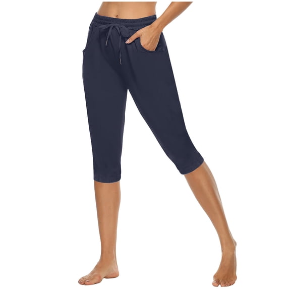 ShomPort Knee Length Sweatpants for Women Summer Comfortable Drawstring Elastic Waist Athletic Shorts with Pockets