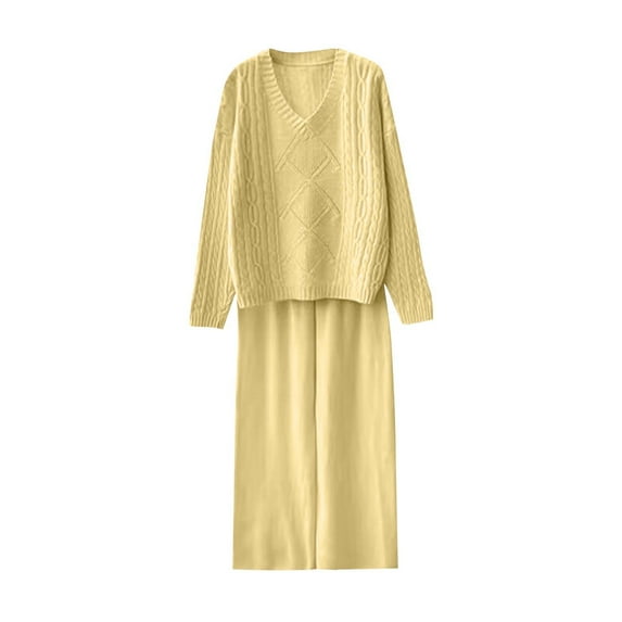 ShomPort Knit Outfits for Womens Cable Knit Long Sleeve V-Neck Tops Wide Leg Pants Vintage Solid Color Fall Winter Cozy Homewear