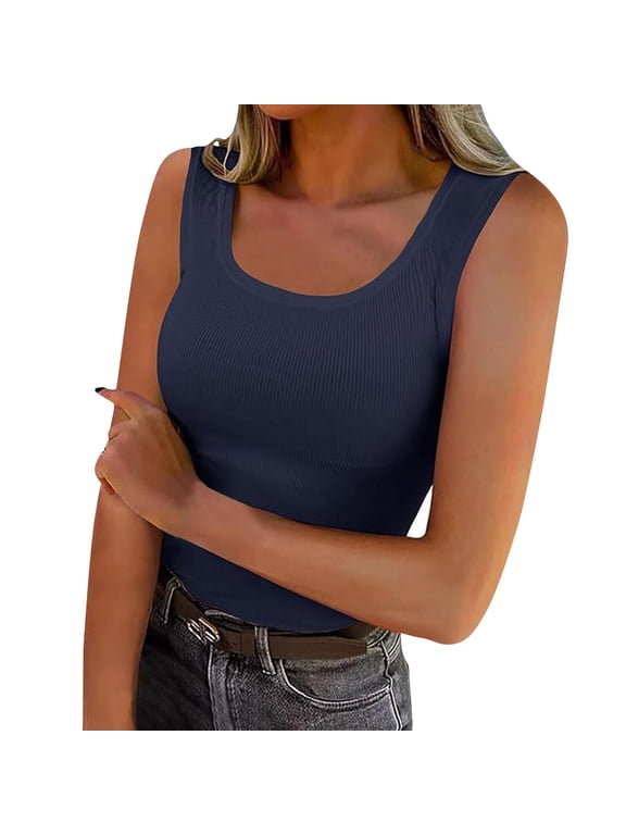 Knit Ribbed Tank Tops for Womens U-Neck Stretchy Slim Seamless Sleeveless Tops Solid Color Summer Comfy Base Layer