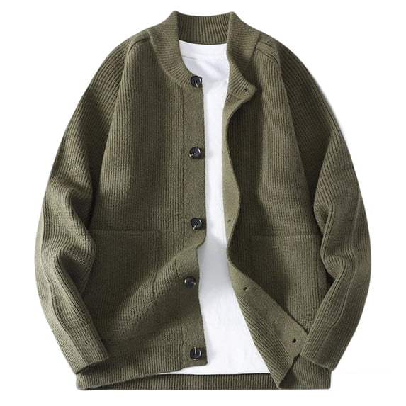 ShomPort Knitted Cardigans for Big and Tall Mens Round Collared Long Sleeve Button Vintage Sweater Solid Color Coat with Pockets