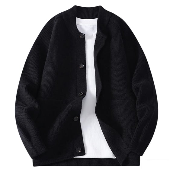 ShomPort Knitted Cardigans for Big and Tall Mens Round Collared Long Sleeve Button Vintage Sweater Solid Color Coat with Pockets