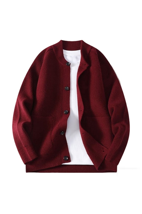 Knitted Cardigans for Big and Tall Mens Round Collared Long Sleeve Button Vintage Sweater Solid Color Coat with Pockets