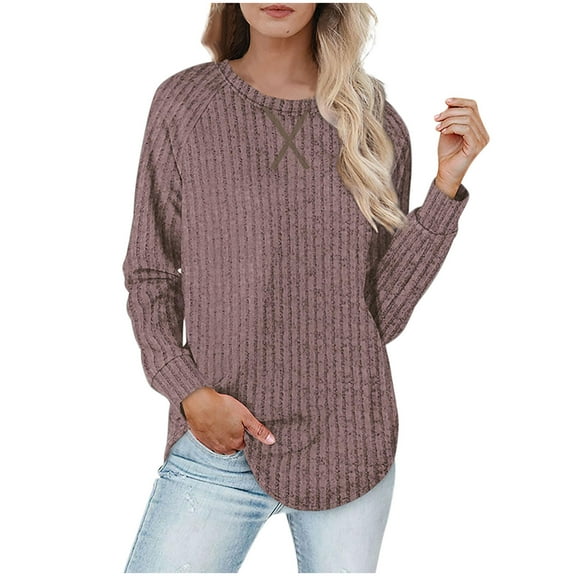 ShomPort Knitted Ribbed Tunic Tops for WOmens Round Neck Raglan Sleeve Soft Blouses Basic Solid Color Comfort Basic Layer T-Shirt