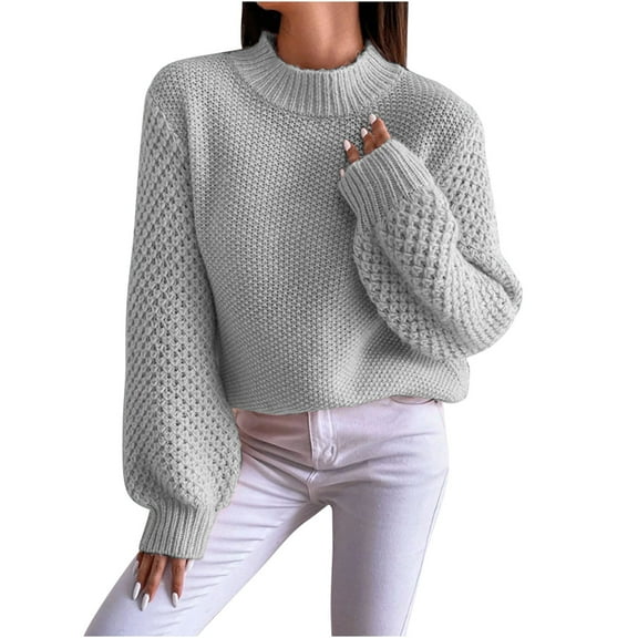 ShomPort Knitted Sweater Women's Long Puff Sleeve Crewneck Crochet Tops Casual Warm Pullover Jumper Fall Trendy Knitwear