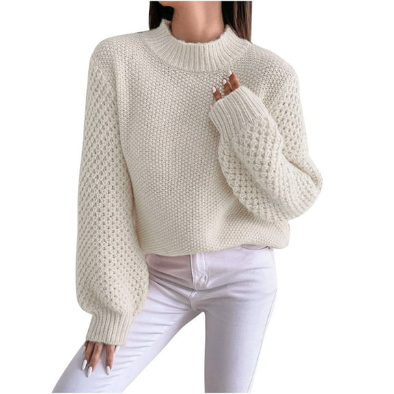 ShomPort Knitted Sweater Women's Long Puff Sleeve Crewneck Crochet Tops Casual Warm Pullover Jumper Fall Trendy Knitwear