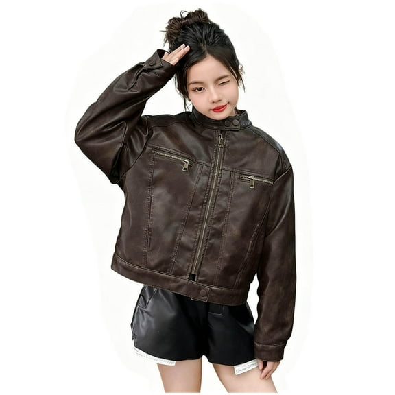 ShomPort Leather Jackets for Girls Stand Collar Fleece Lined Long Sleeve Loose Coats Fall Winter Thermal Outdoor Trendy Outwear