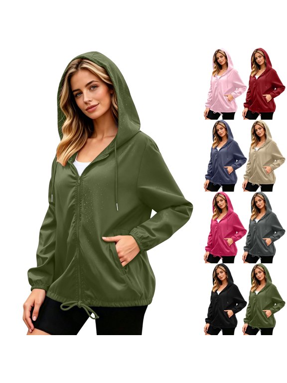 Womens Raincoats Lightweight Long Sleeve Hooded Sun Protection Waterproof Windbreaker Outdoor