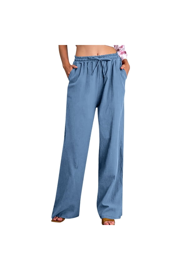Linen Summer Pants Women Casual High Waist Drawstring Loose Lightweight Palazzo Pants Travel Baggy Work Pajama Pants