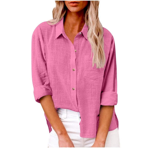 ShomPort Long Sleeve Blouses for Women Lapel Button Down Shirts Solid Color Cotton Linen Tops with Pocket