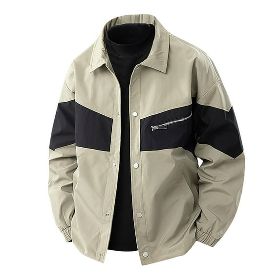 ShomPort Long Sleeve Coats for Mens Lapel Drop Shoulder Button Down Windproof Cargo Jacket Trendy Color Block Pocket Tops