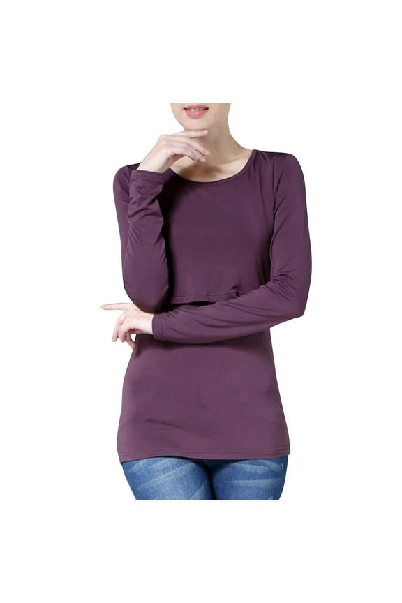 Long Sleeve Nursing Tops for Maternity Round Neck Basic Tees Lightweight Double Layer Pullover Breastfeeding Blouses