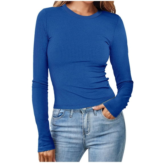 ShomPort Long Sleeve Shirts for Women Round Neck Solid Color Tops Slim Casual Tee T-Shirts (Blue 39)