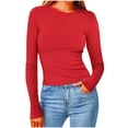 thumbnail image 1 of ShomPort Long Sleeve Shirts for Women Round Neck Solid Color Tops Slim Casual Tee T-Shirts (Red 44), 1 of 6