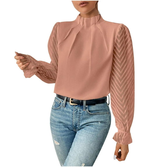 ShomPort Long Sleeve Shirts for Women's Business Mock Neck Pleated Tops Solid Color Work Blouses