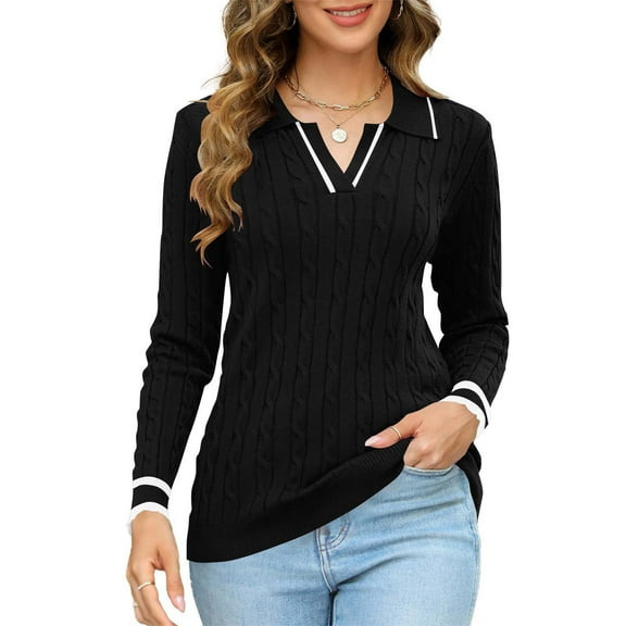 ShomPort Long Sleeve Shirts for Womens Turndown Collared Cable Knit Pullover Tops Lightweight Casual Trendy Fall Winter Blouses